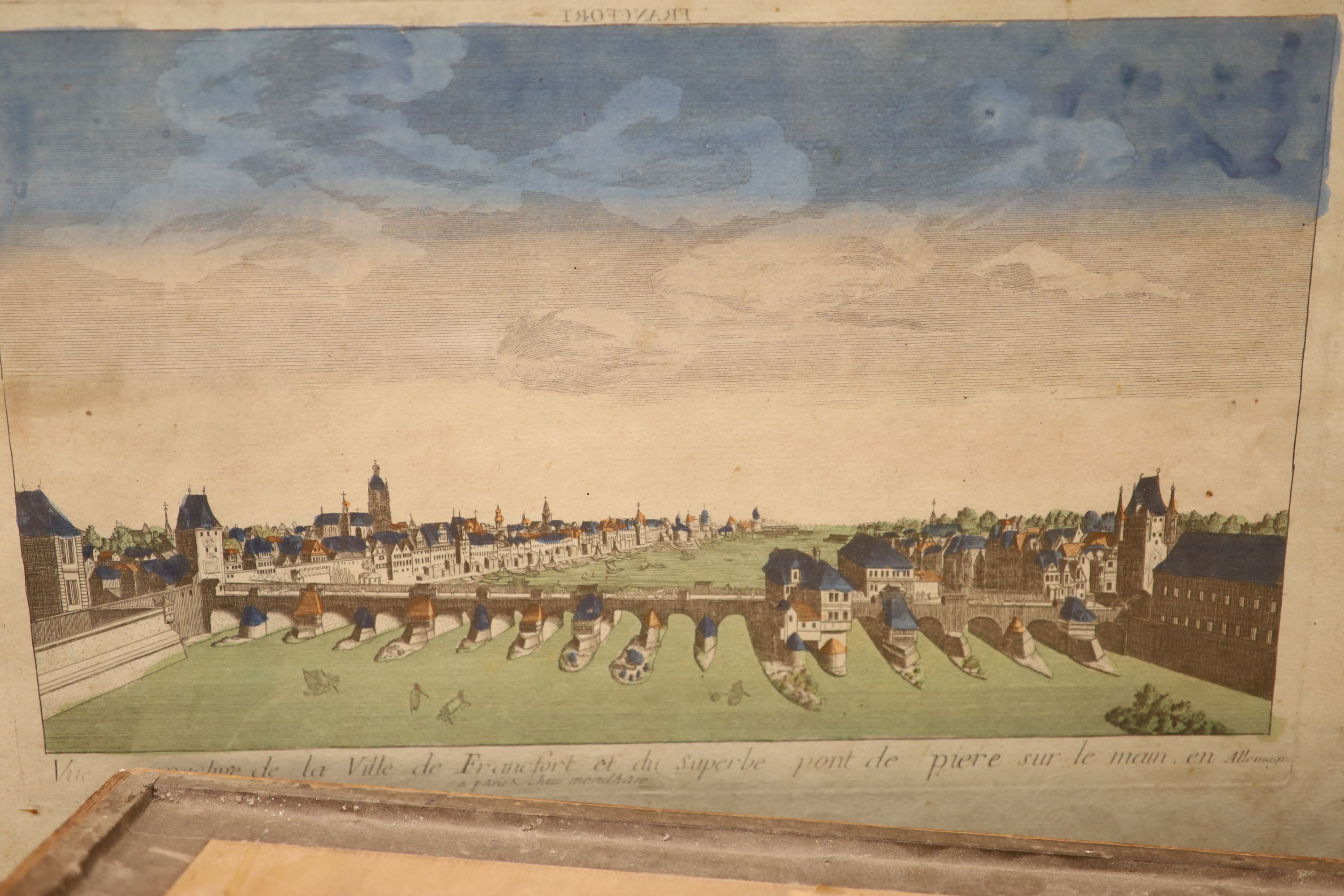 Five 18th century coloured engravings, Views of Frankfurt and other cities, largest 27 x 41cm